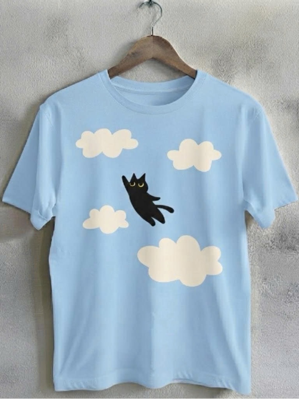 Gildan Shirt Light Blue Cute Black Cat Sky Graphic Tee
